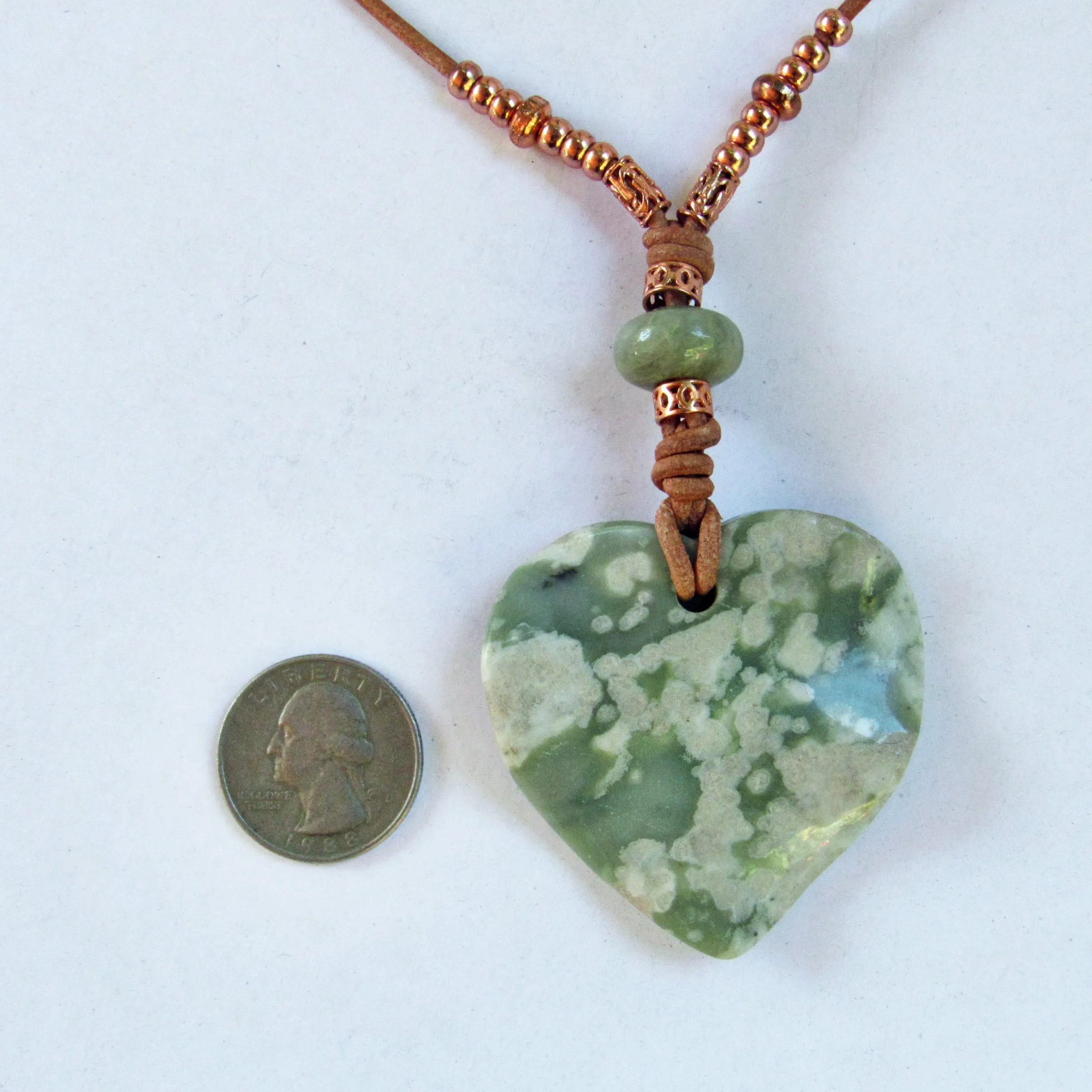 Heart Jade Peace Stone, Amazonite, Copper, Leather Necklace