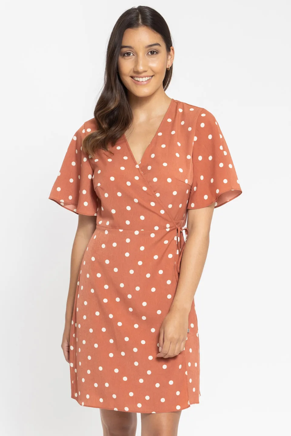 Holiday Terracotta Spot SS Wrap Mini Dress