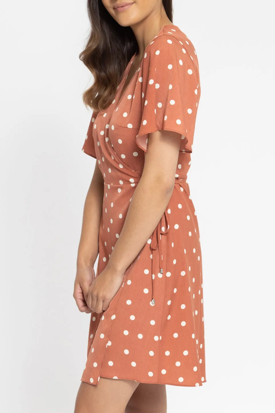 Holiday Terracotta Spot SS Wrap Mini Dress