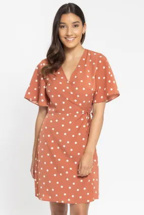 Holiday Terracotta Spot SS Wrap Mini Dress