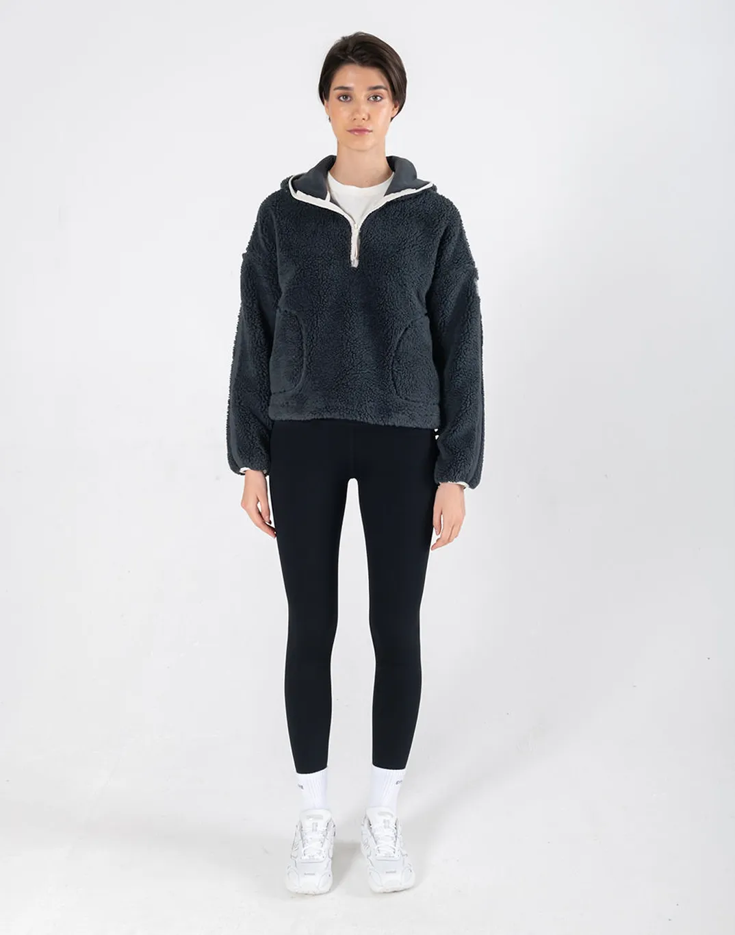 Industry Fleece Hooded Crop Half Zip in Midnight Grey