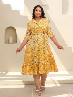 Juniper Mustard Geometric Printed & Panelled Cotton Flex Plus Size Shirt Dress With Fabric Belt