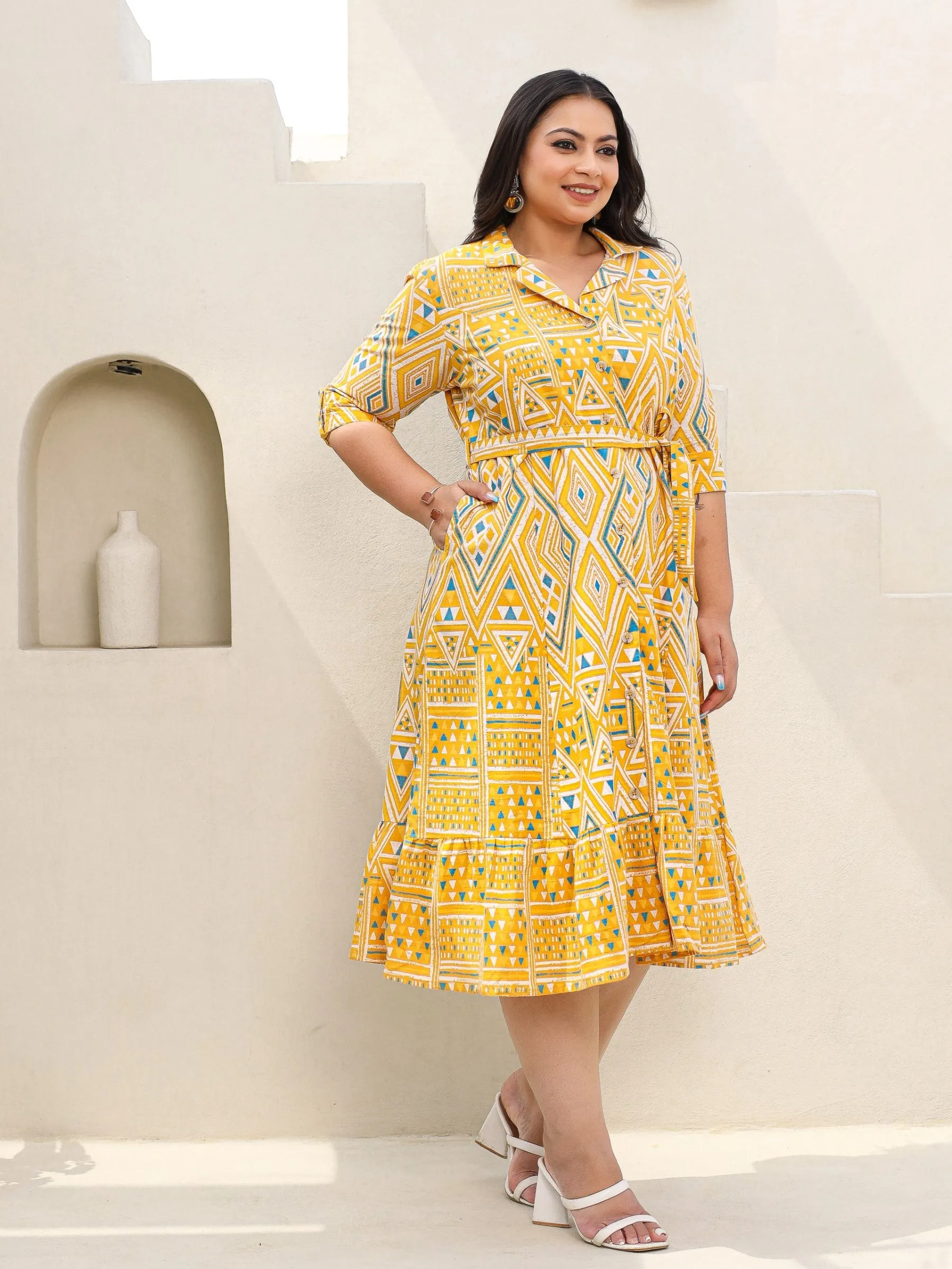 Juniper Mustard Geometric Printed & Panelled Cotton Flex Plus Size Shirt Dress With Fabric Belt