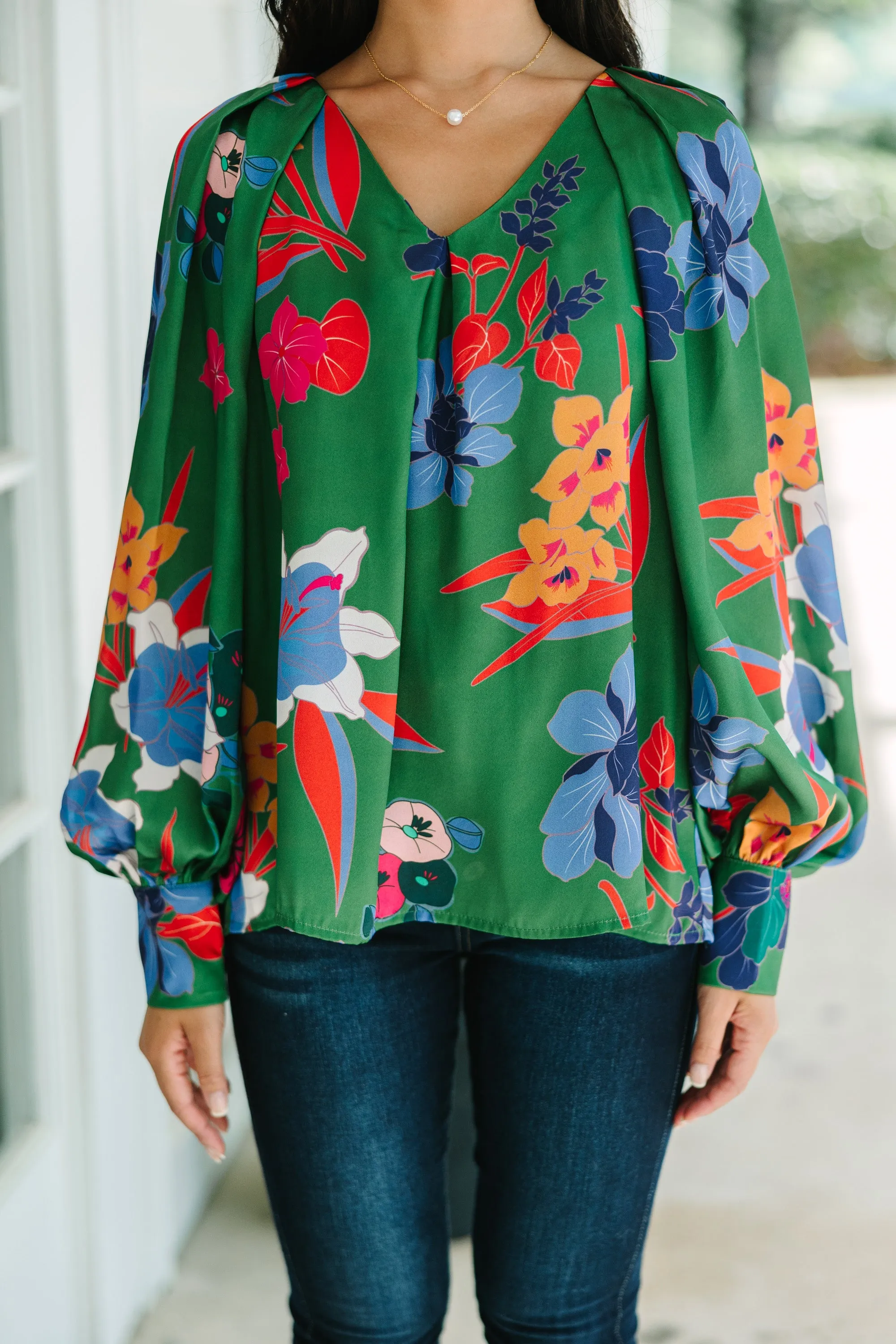 Just For You Green Floral Satin Blouse