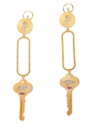 Key Drop Earrings with Evil Eye and Ankh sign in Vermeil Gold