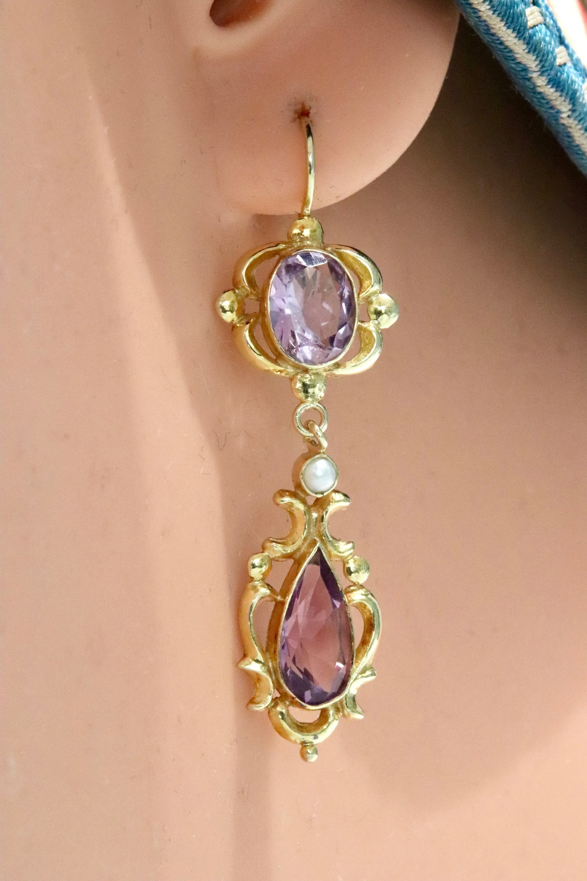 Lady Shalott 14k Gold, Amethyst and Pearl Earrings