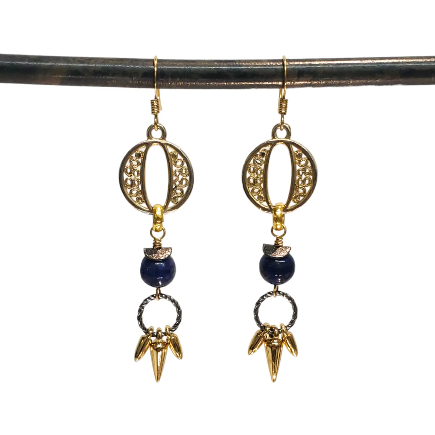 Lapis Eye Mixed Metal Spiked Fringe Earrings