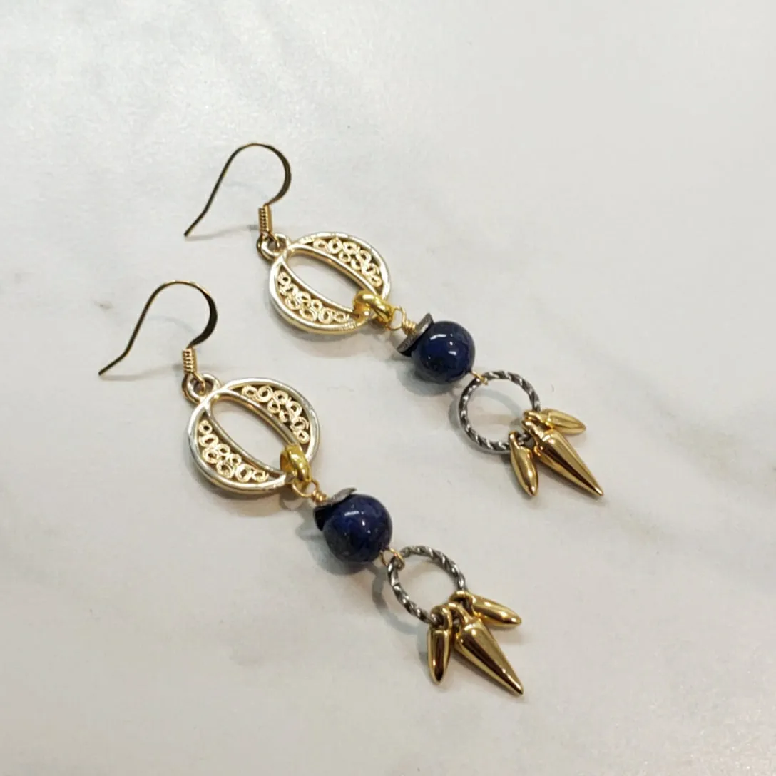 Lapis Eye Mixed Metal Spiked Fringe Earrings