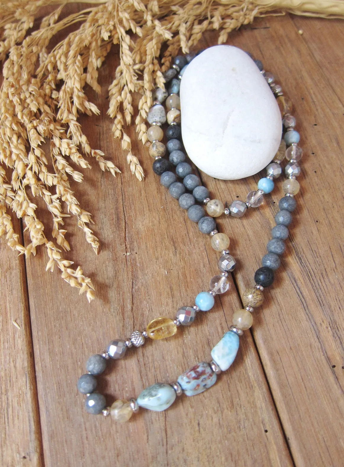 Larimar, Citrine Stainless Steel Clasp Necklace