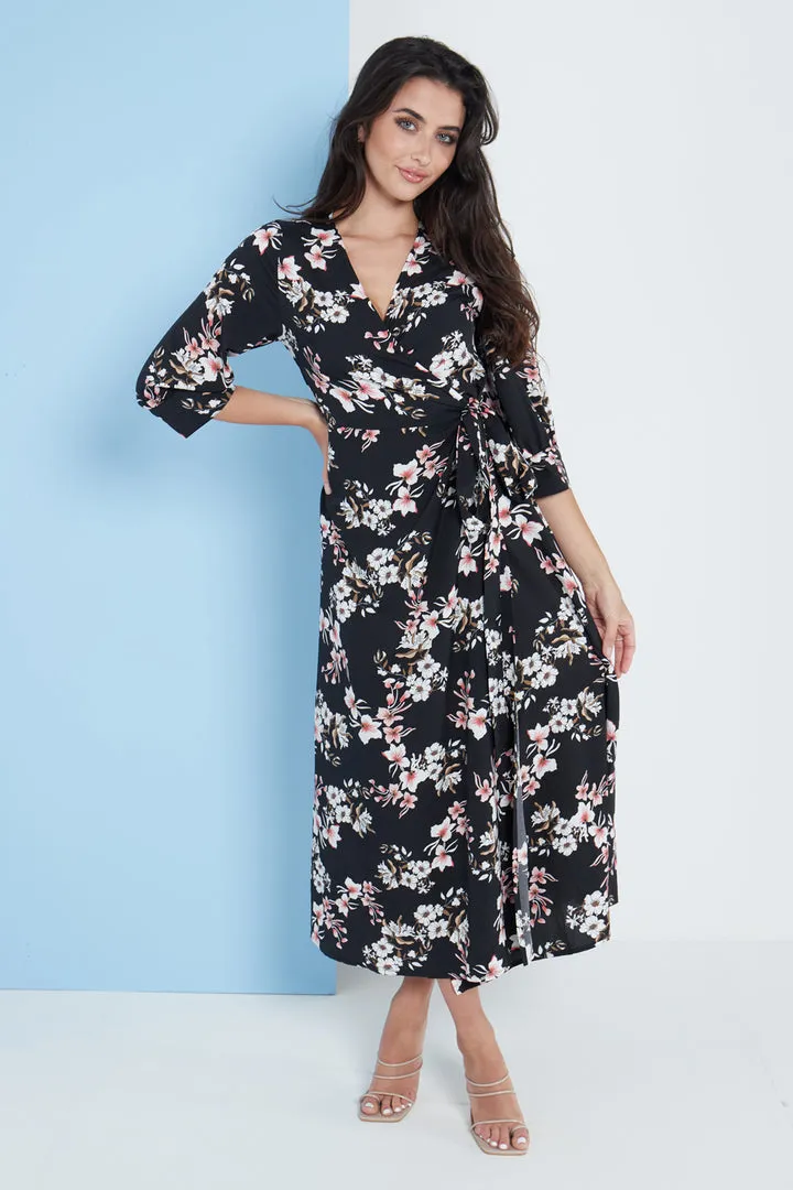 Lilura London Midi Wrap Dress In Black Floral Print