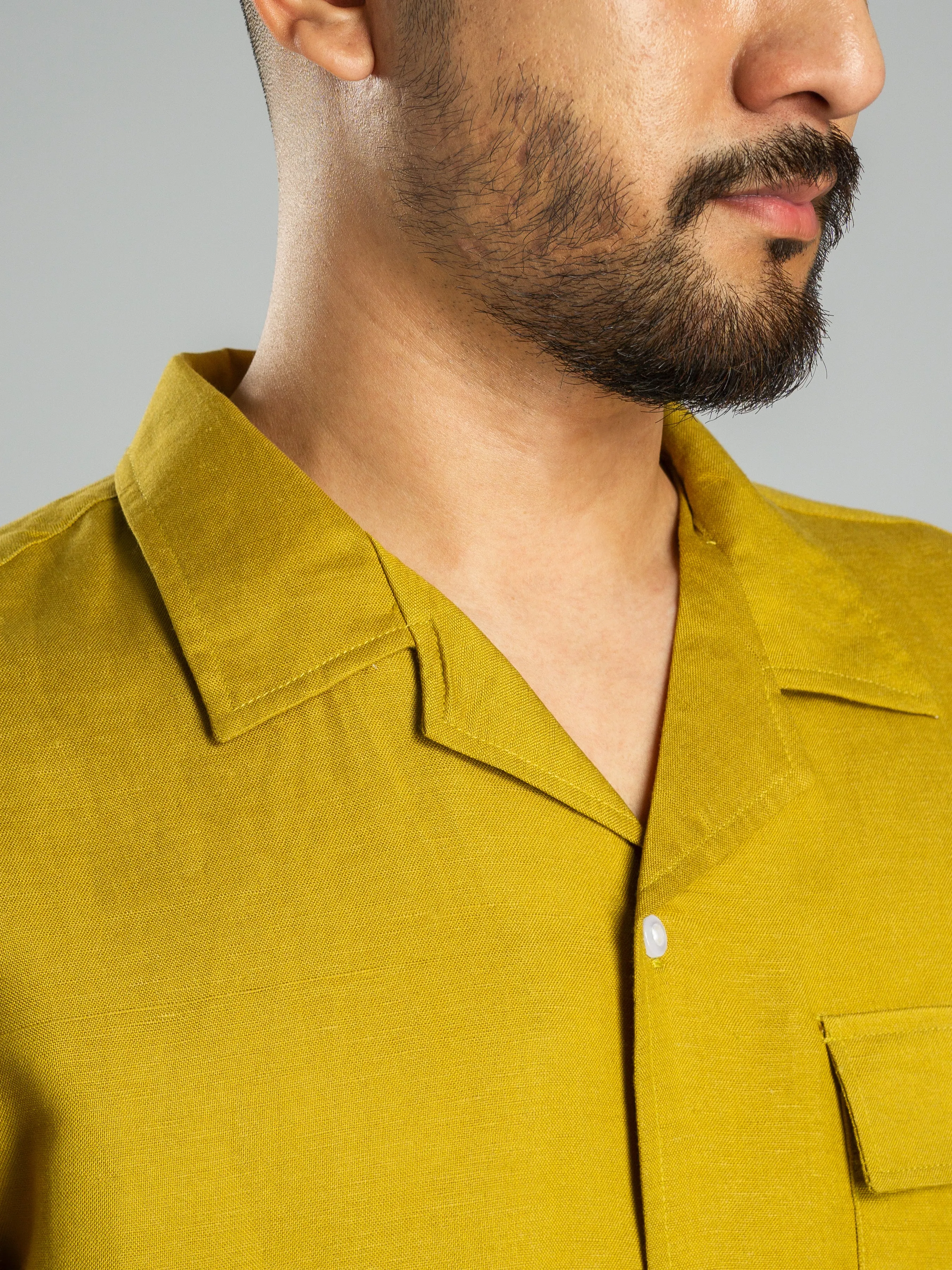 Linen Cuban Collar Shirt - Warm Olive