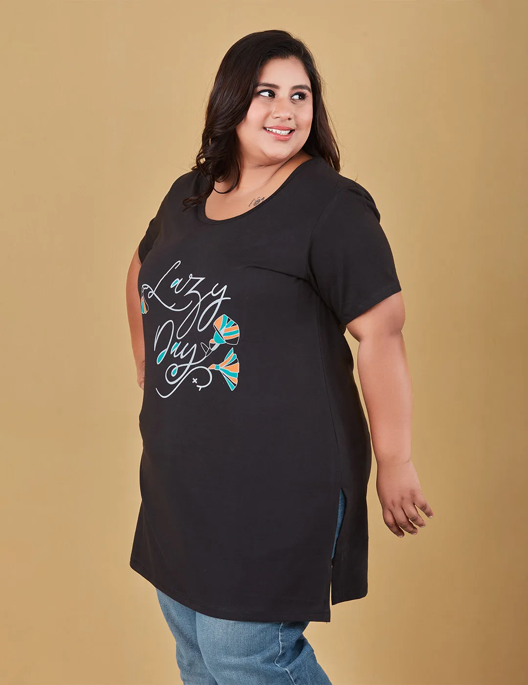 Long Line T-Shirt For Women -Half Sleeves- Black