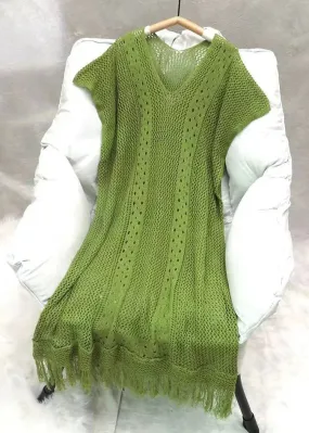 Loose Green V Neck Tasseled Hollow Out Knit Dress Summer HA1001