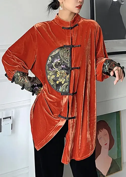 Loose Orange Embroidered Button Silk Velour Shirt Long Sleeve CG1061