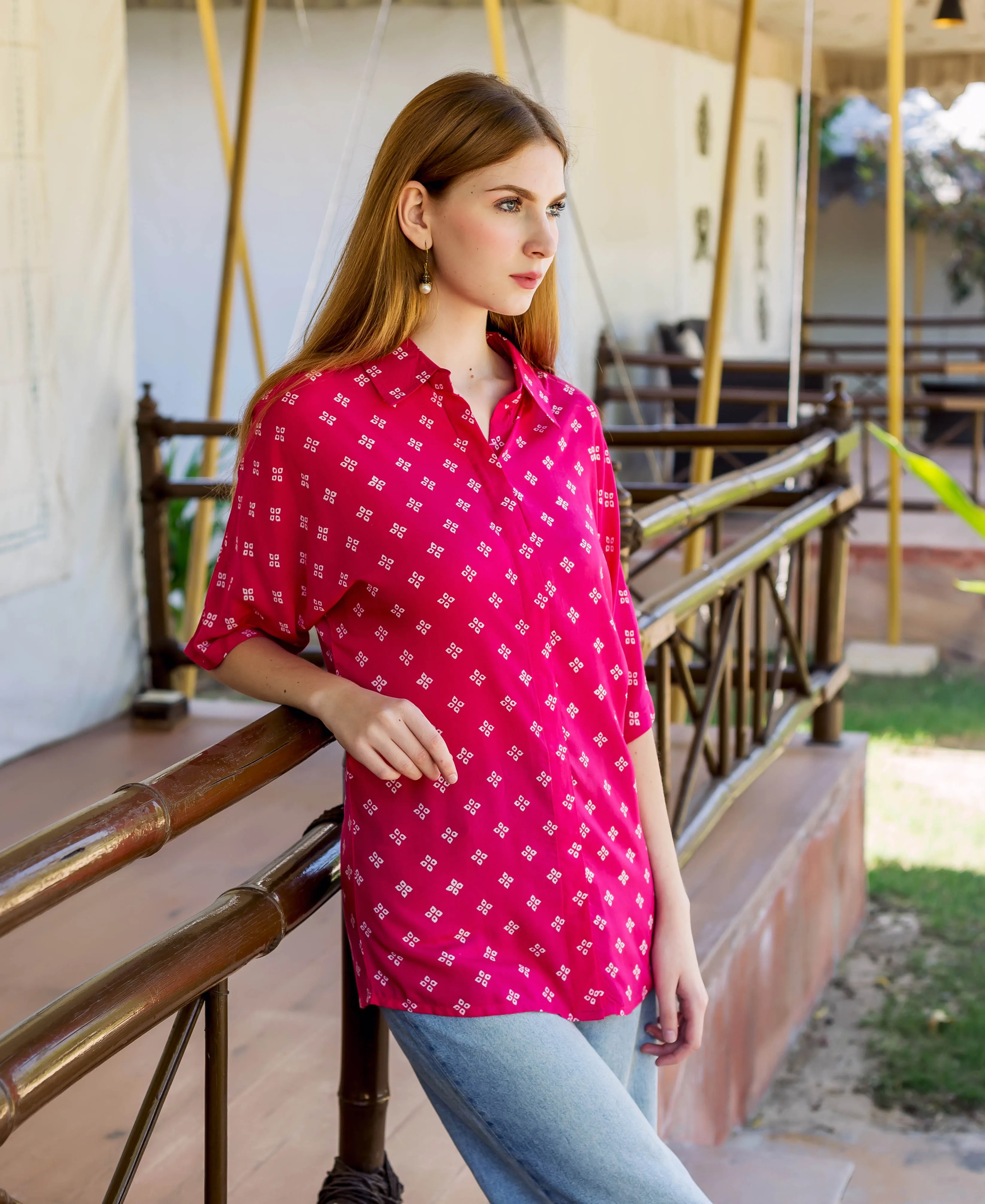 Magenta Bandhej Printed  Button Down Shirt