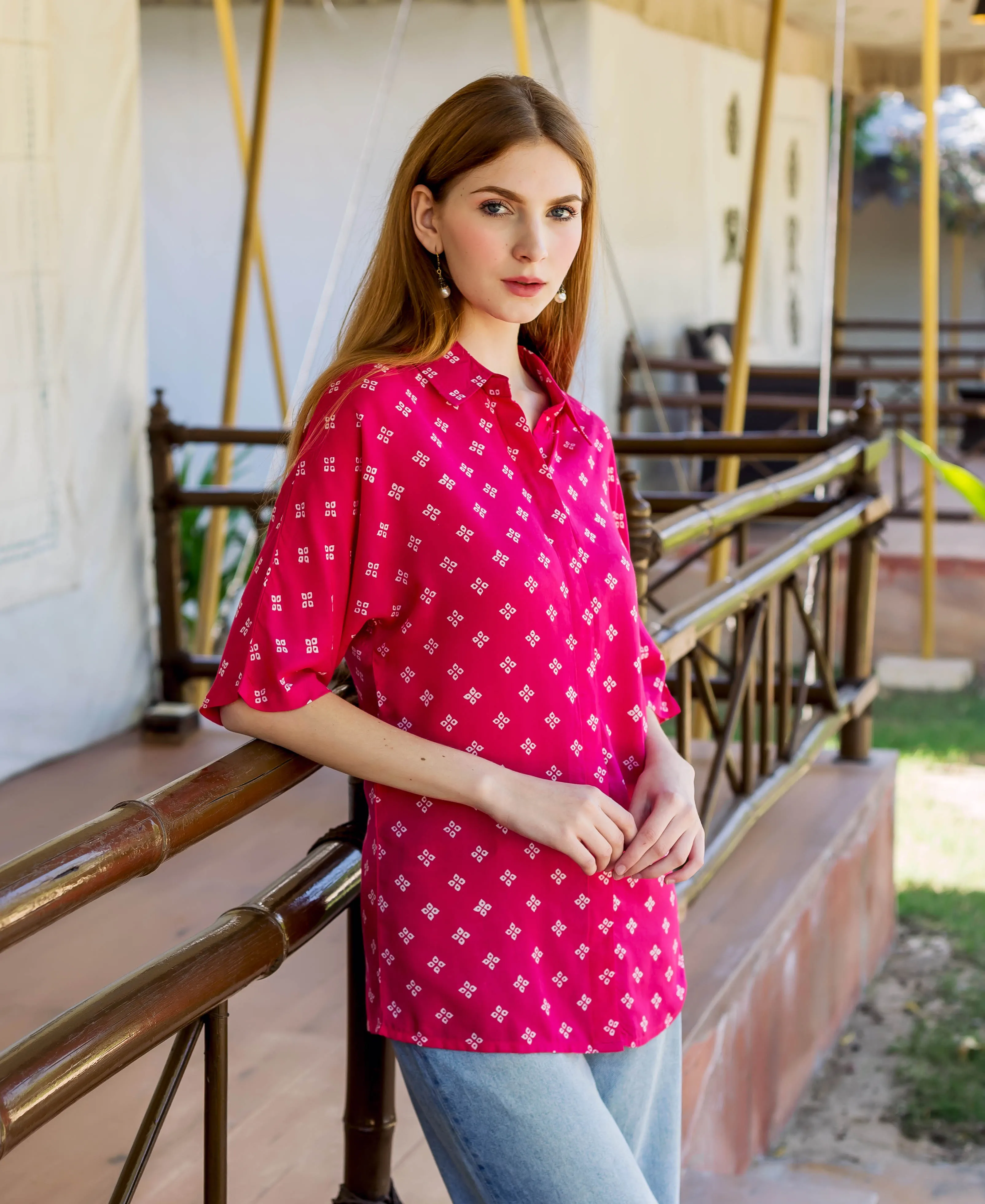 Magenta Bandhej Printed  Button Down Shirt