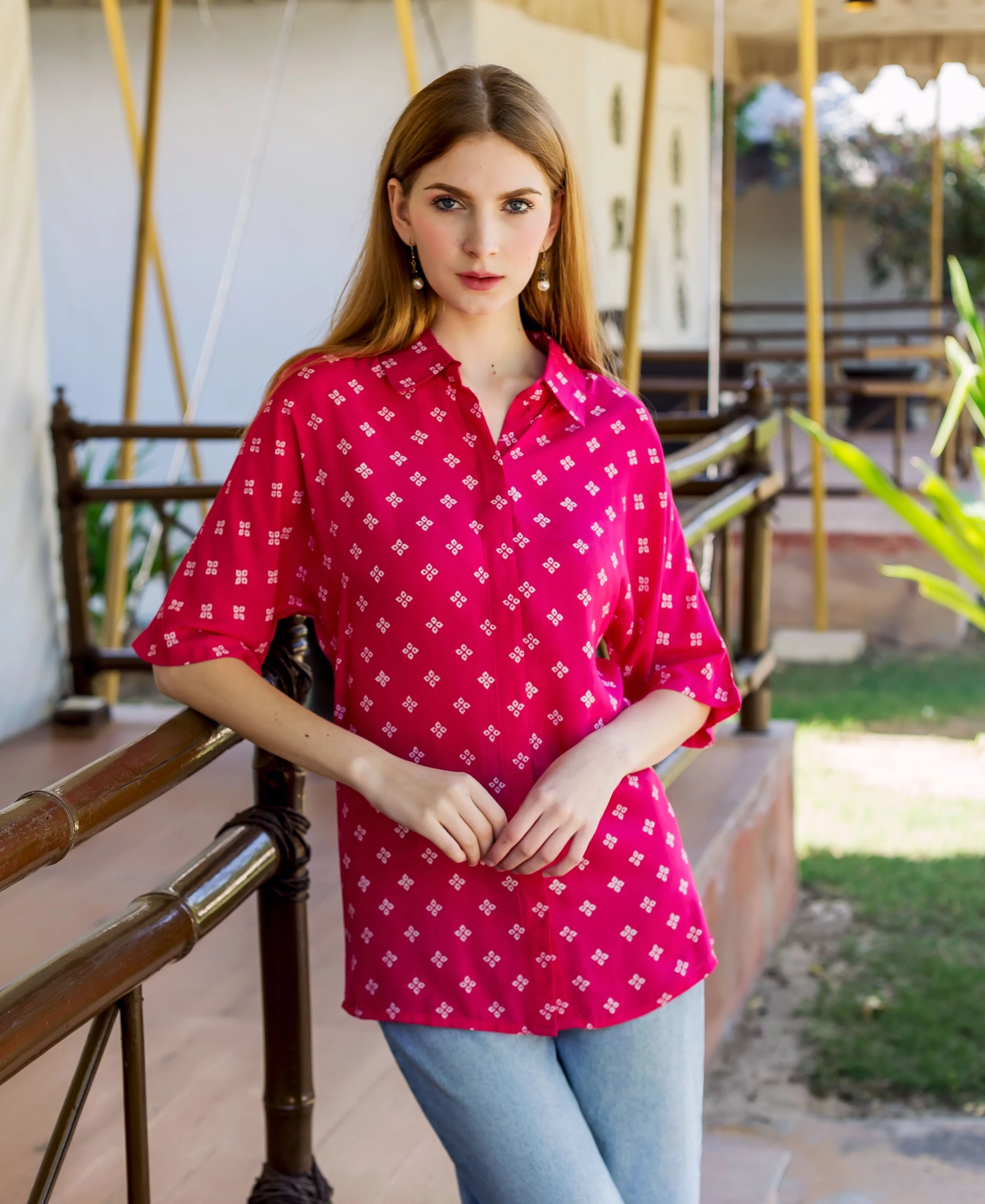 Magenta Bandhej Printed  Button Down Shirt