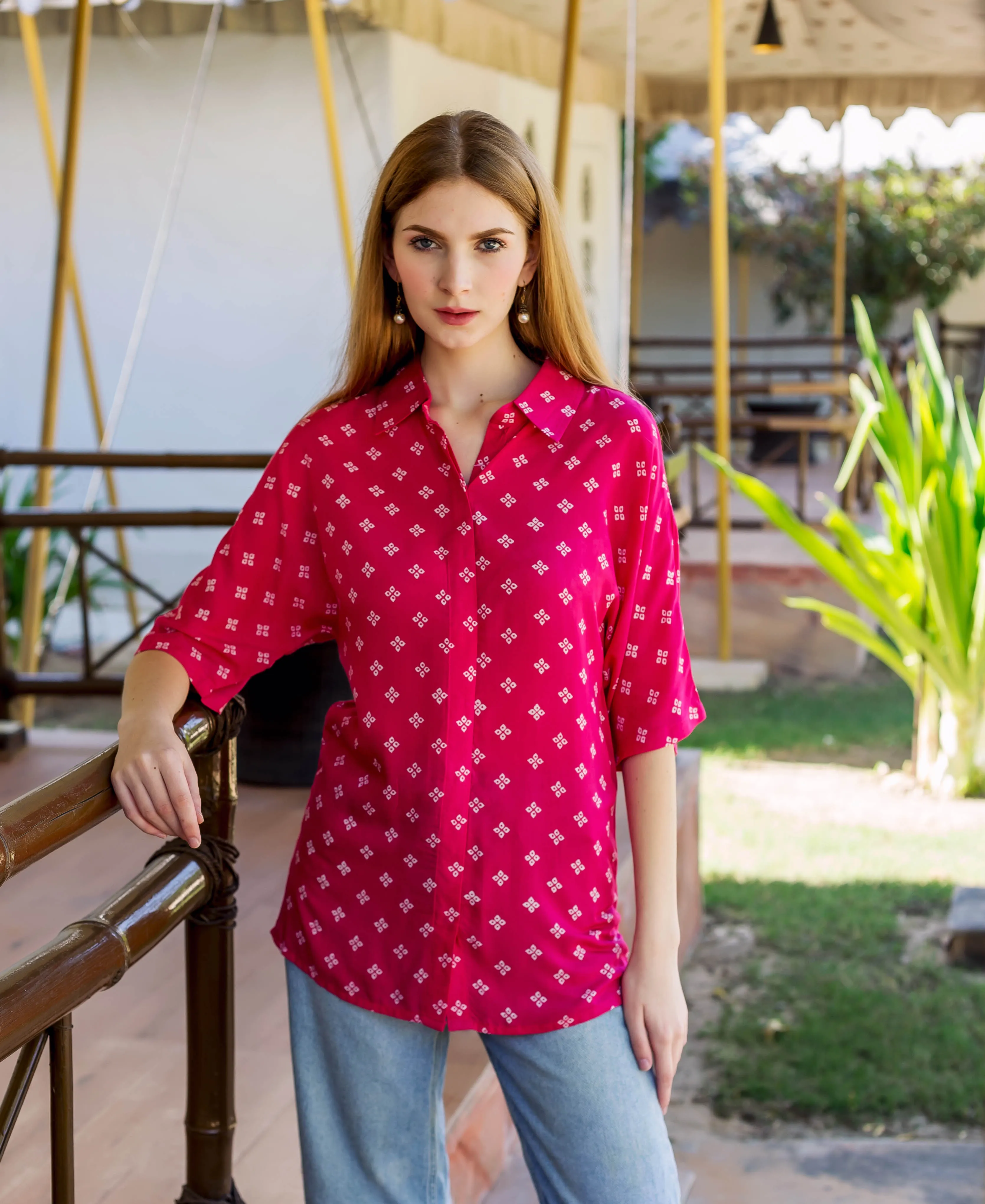 Magenta Bandhej Printed  Button Down Shirt