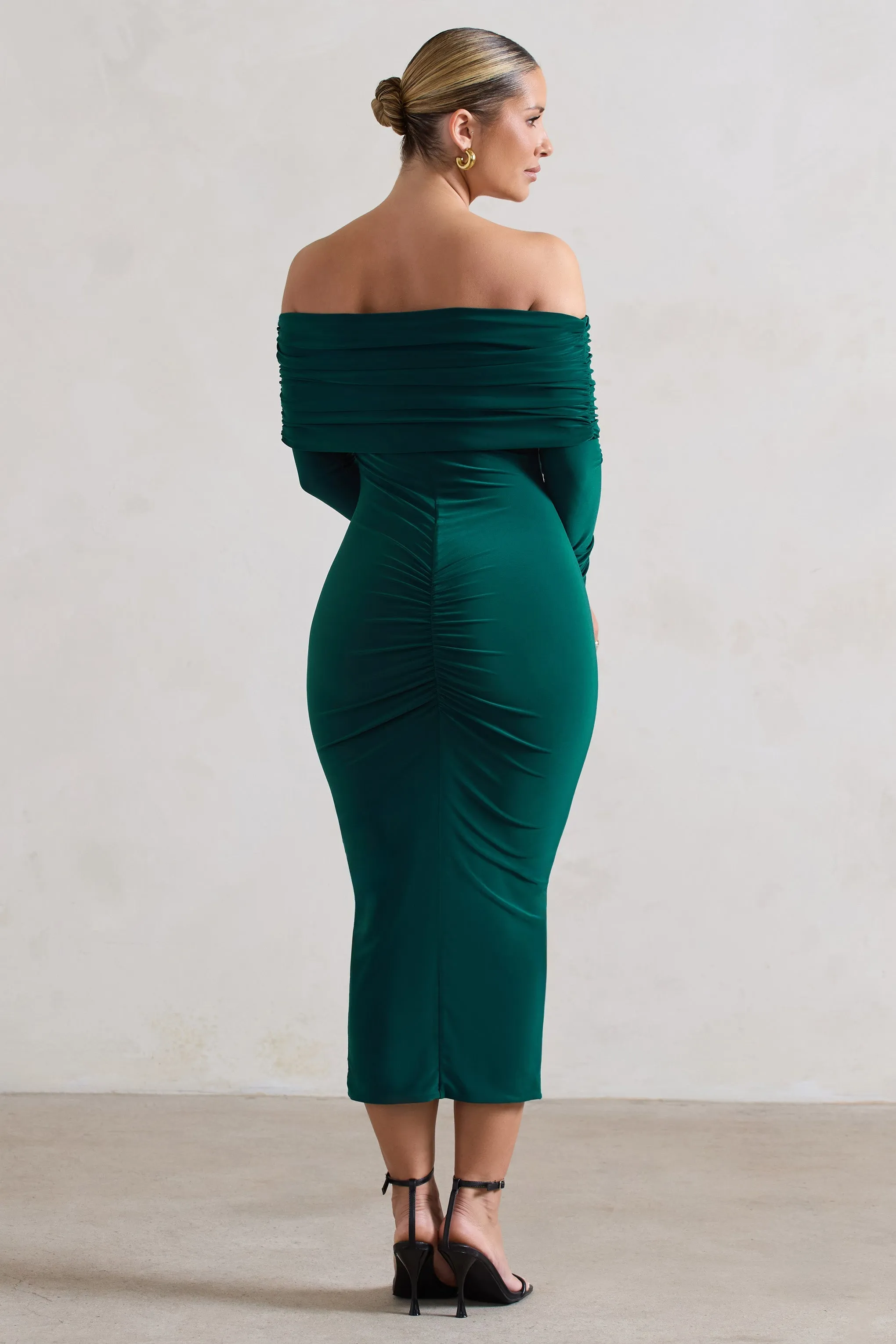 Marcella | Bottle Green Bodycon Bardot Midi Dress