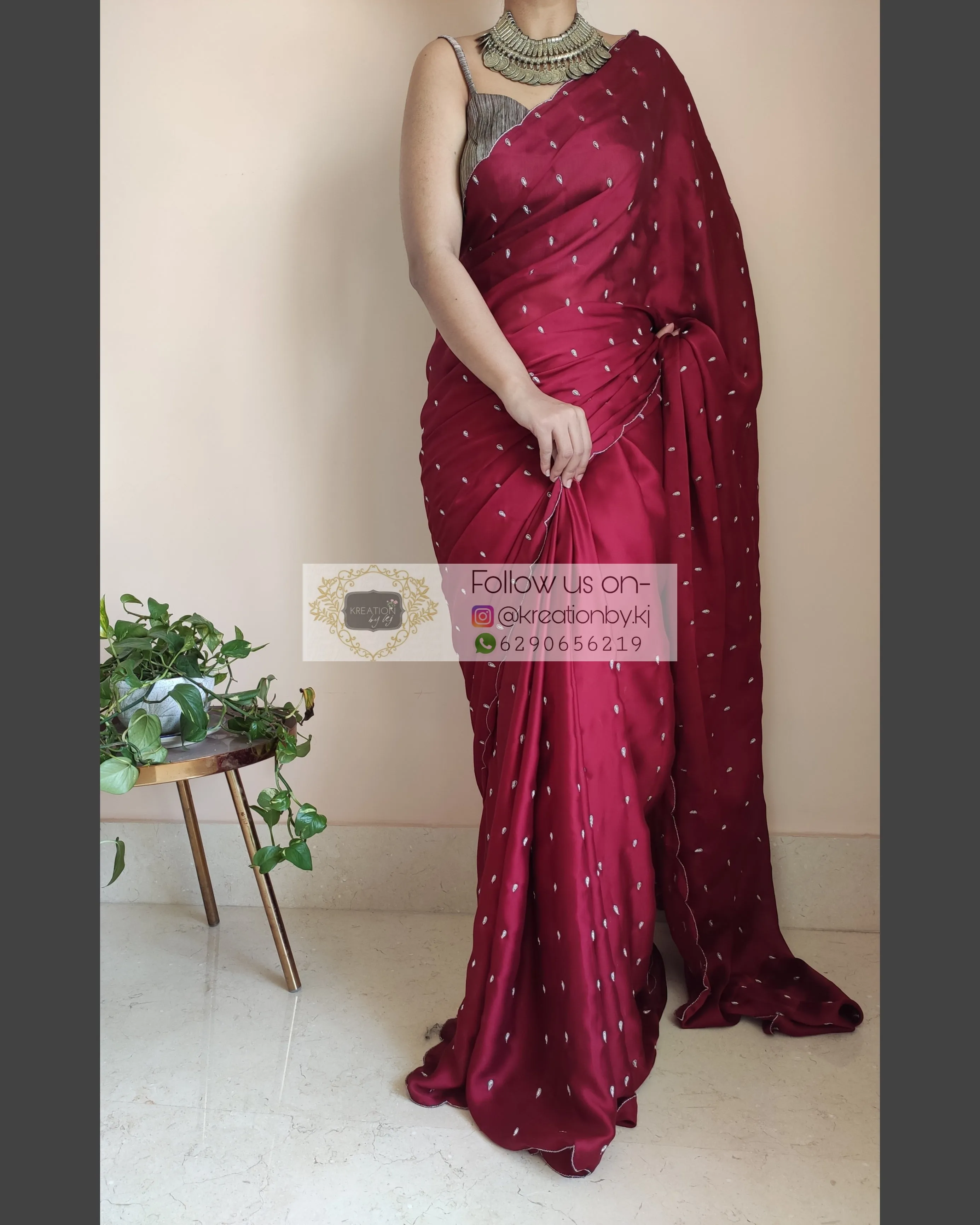 Maroon Crepe Silk Saree With Zardosi Dabka Motifs