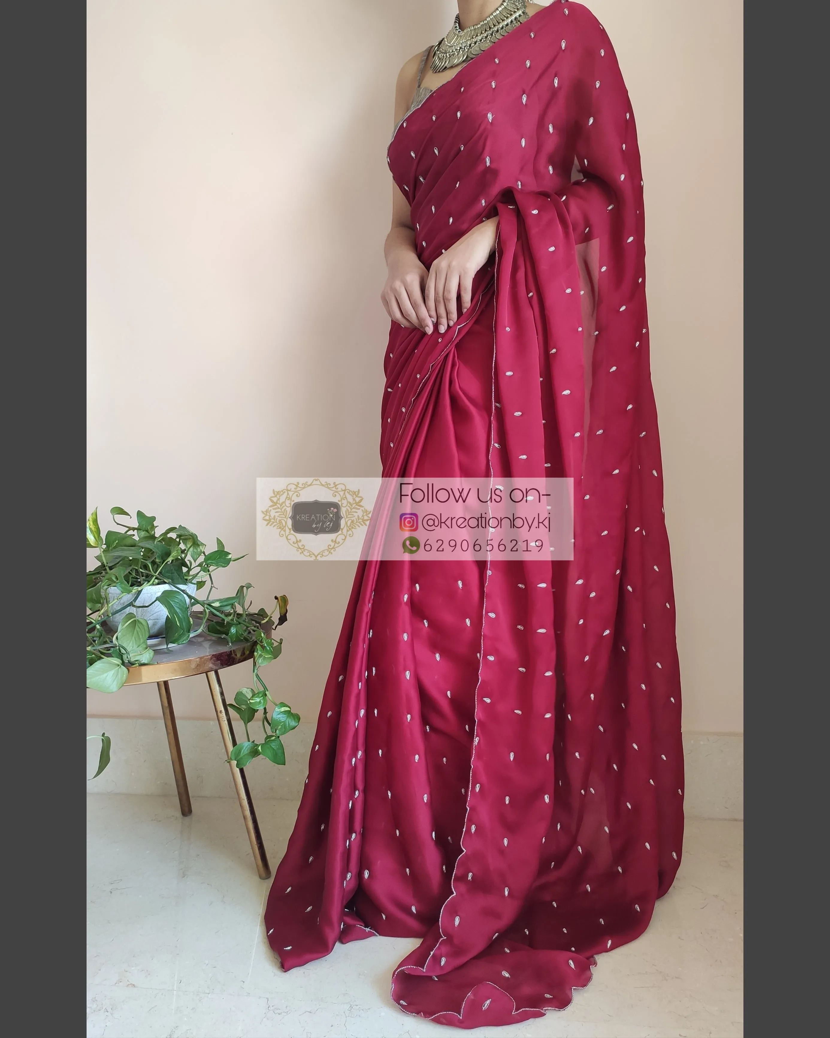 Maroon Crepe Silk Saree With Zardosi Dabka Motifs