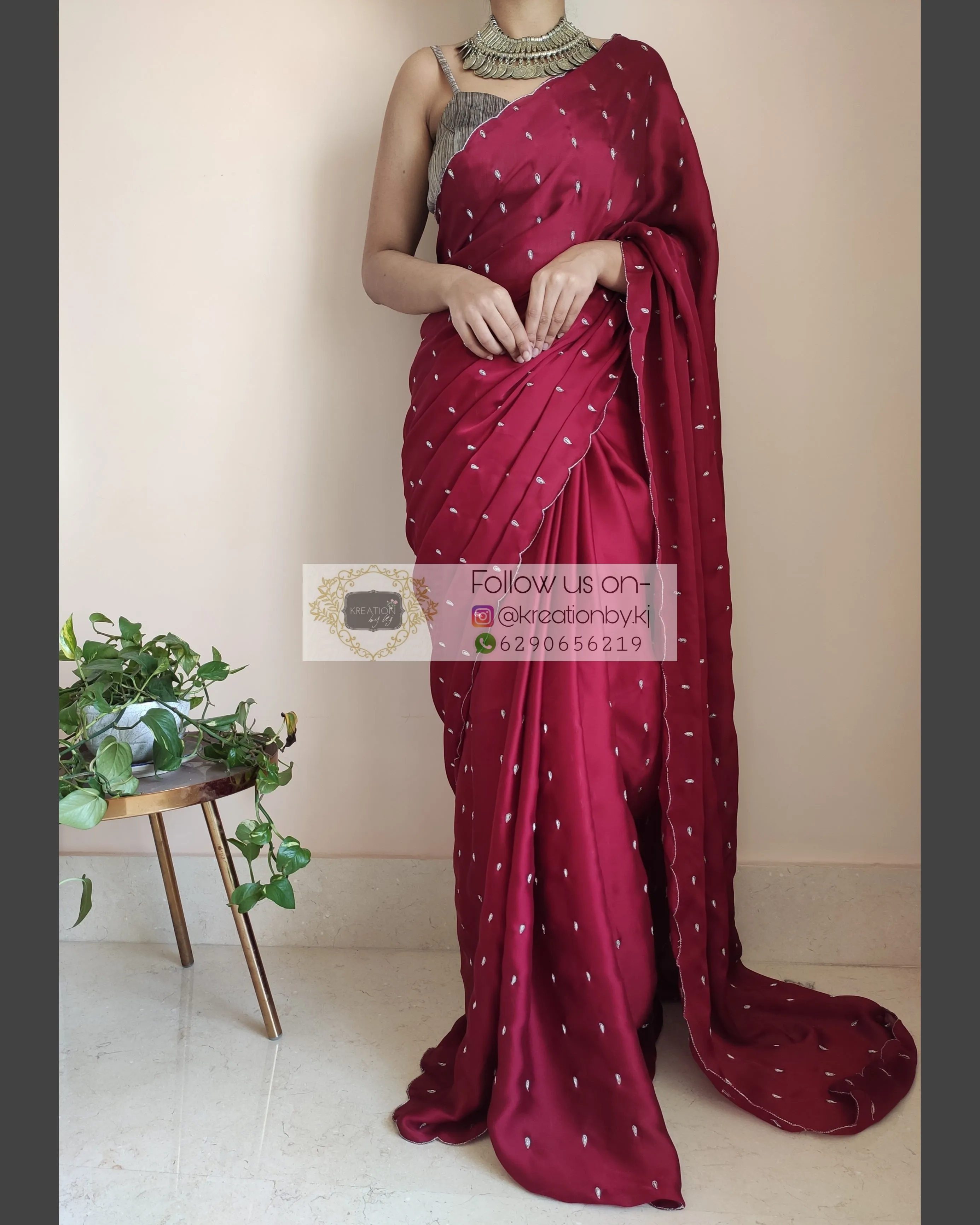 Maroon Crepe Silk Saree With Zardosi Dabka Motifs