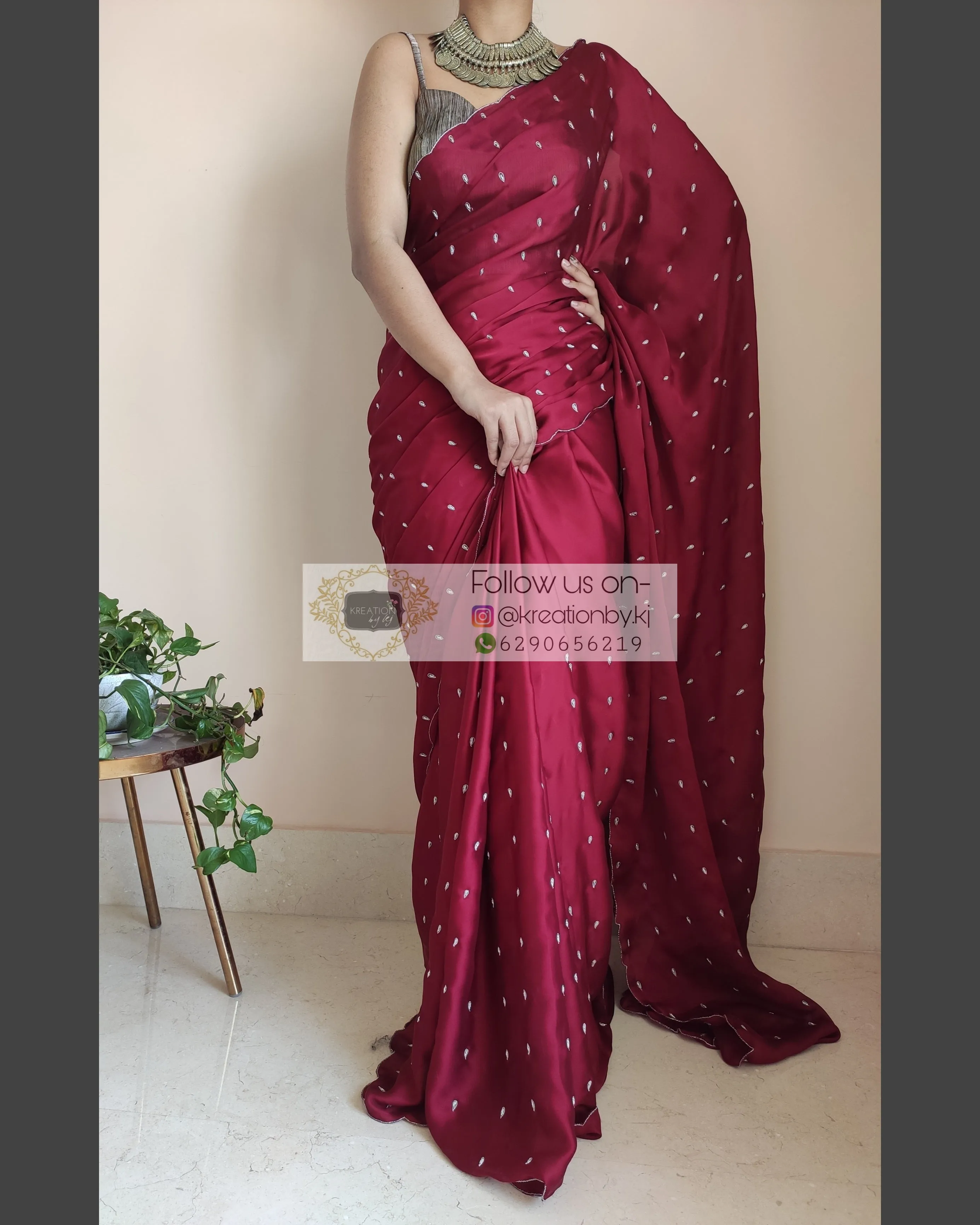 Maroon Crepe Silk Saree With Zardosi Dabka Motifs