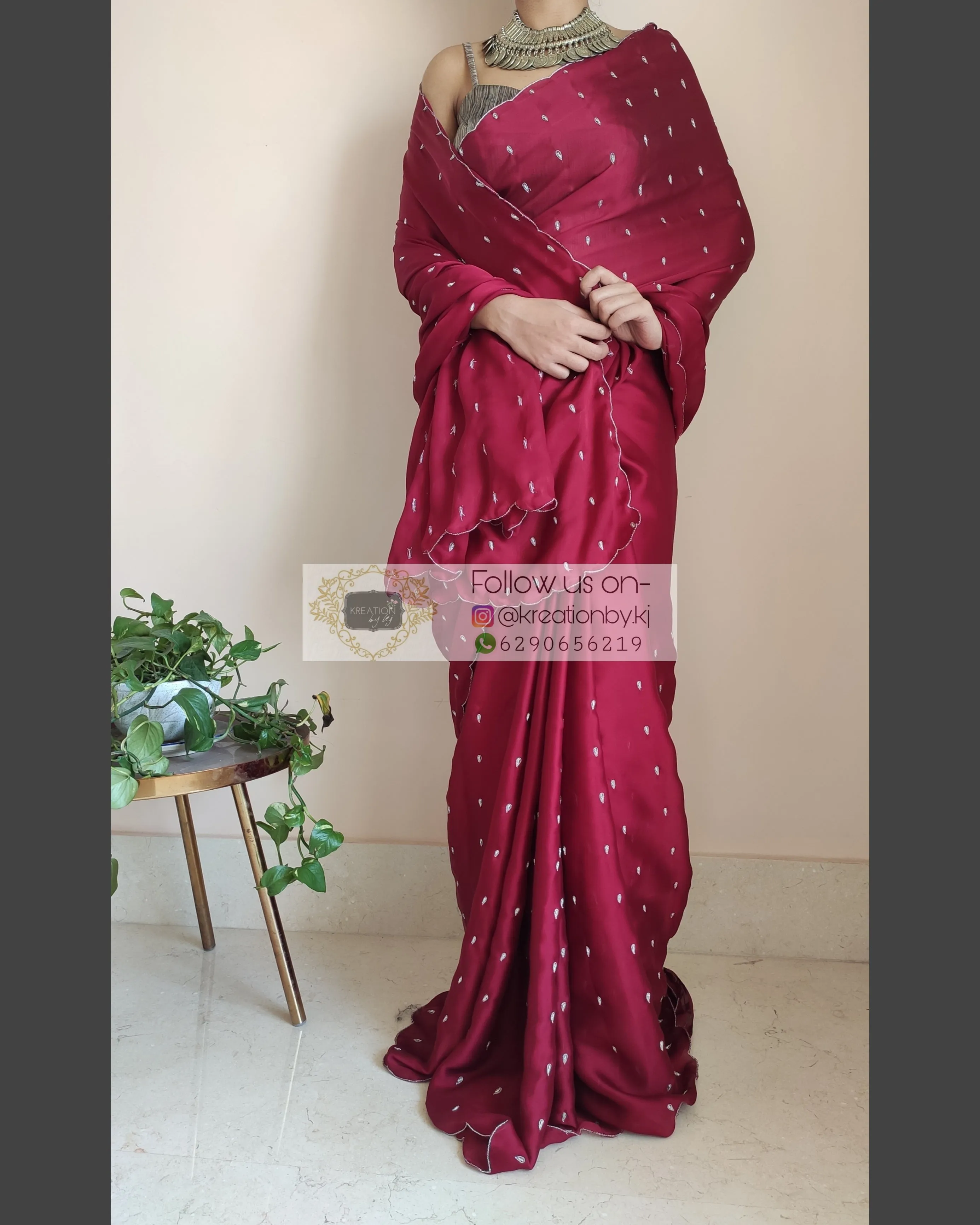 Maroon Crepe Silk Saree With Zardosi Dabka Motifs