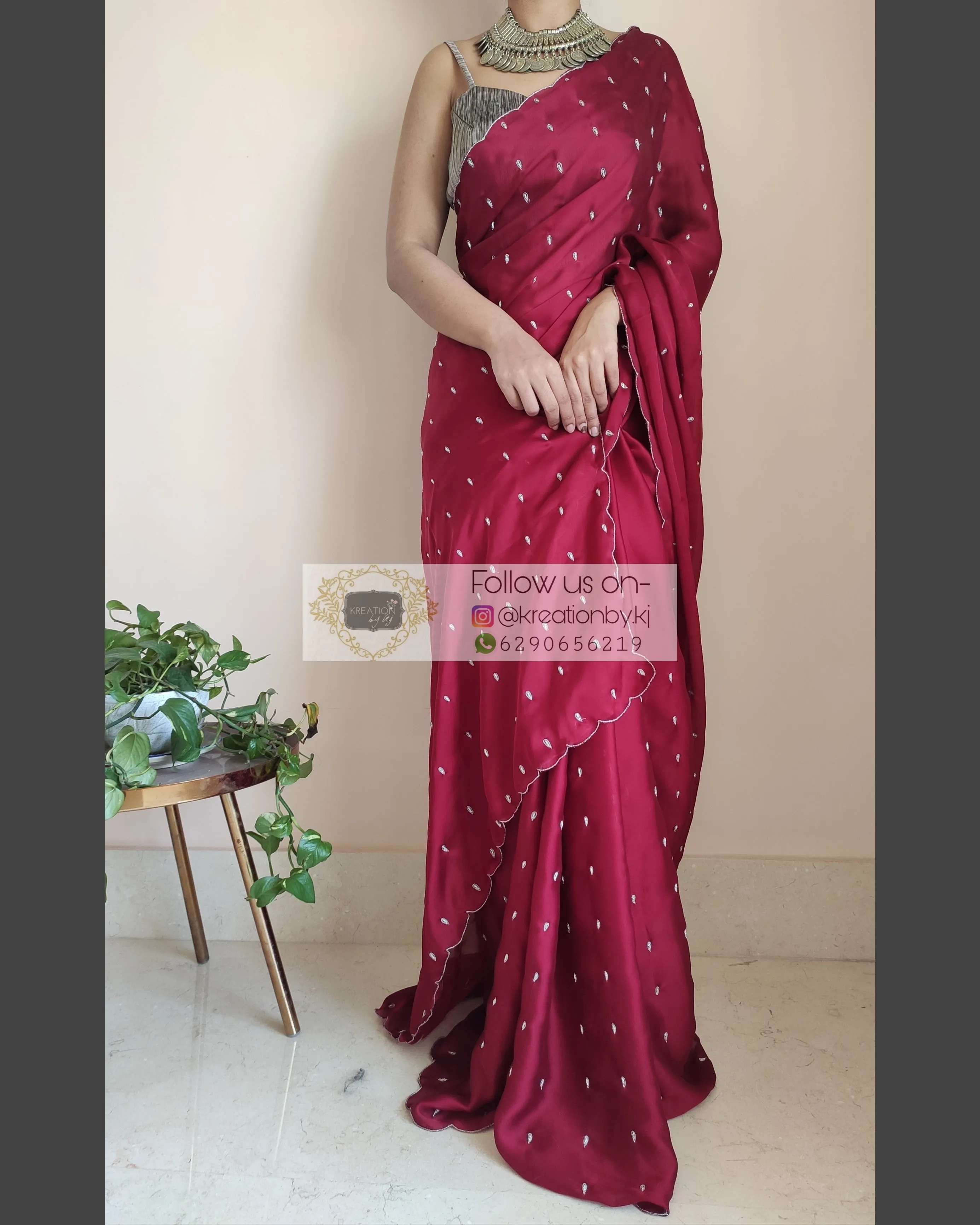 Maroon Crepe Silk Saree With Zardosi Dabka Motifs