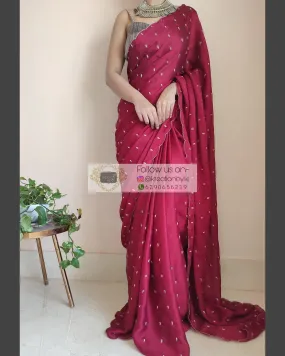 Maroon Crepe Silk Saree With Zardosi Dabka Motifs