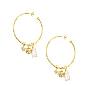 Moonstone Three Charm Hoop Earrings gold