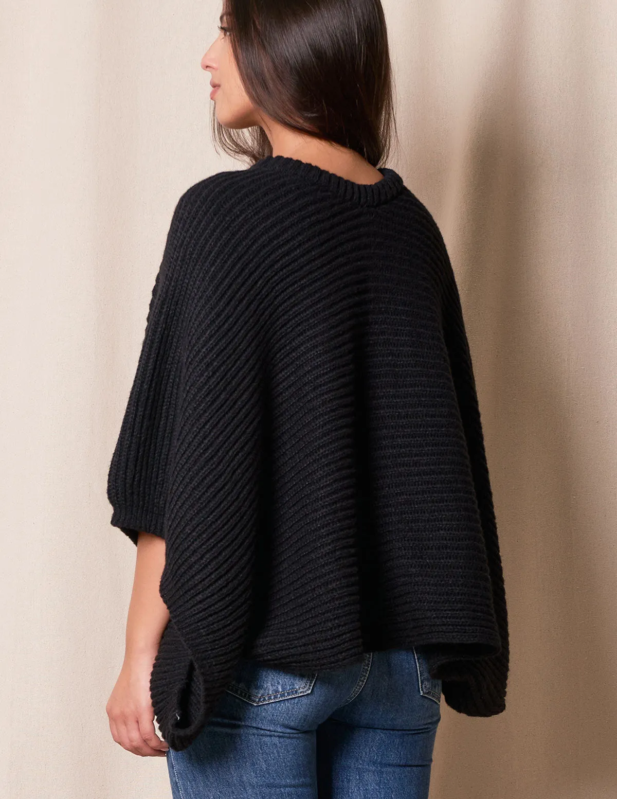 Natalie Cropped Sweater Poncho - Black