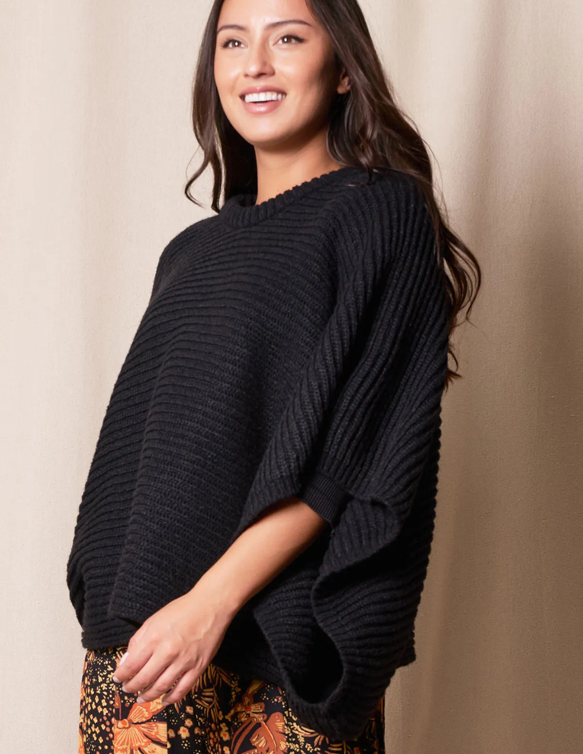 Natalie Cropped Sweater Poncho - Black