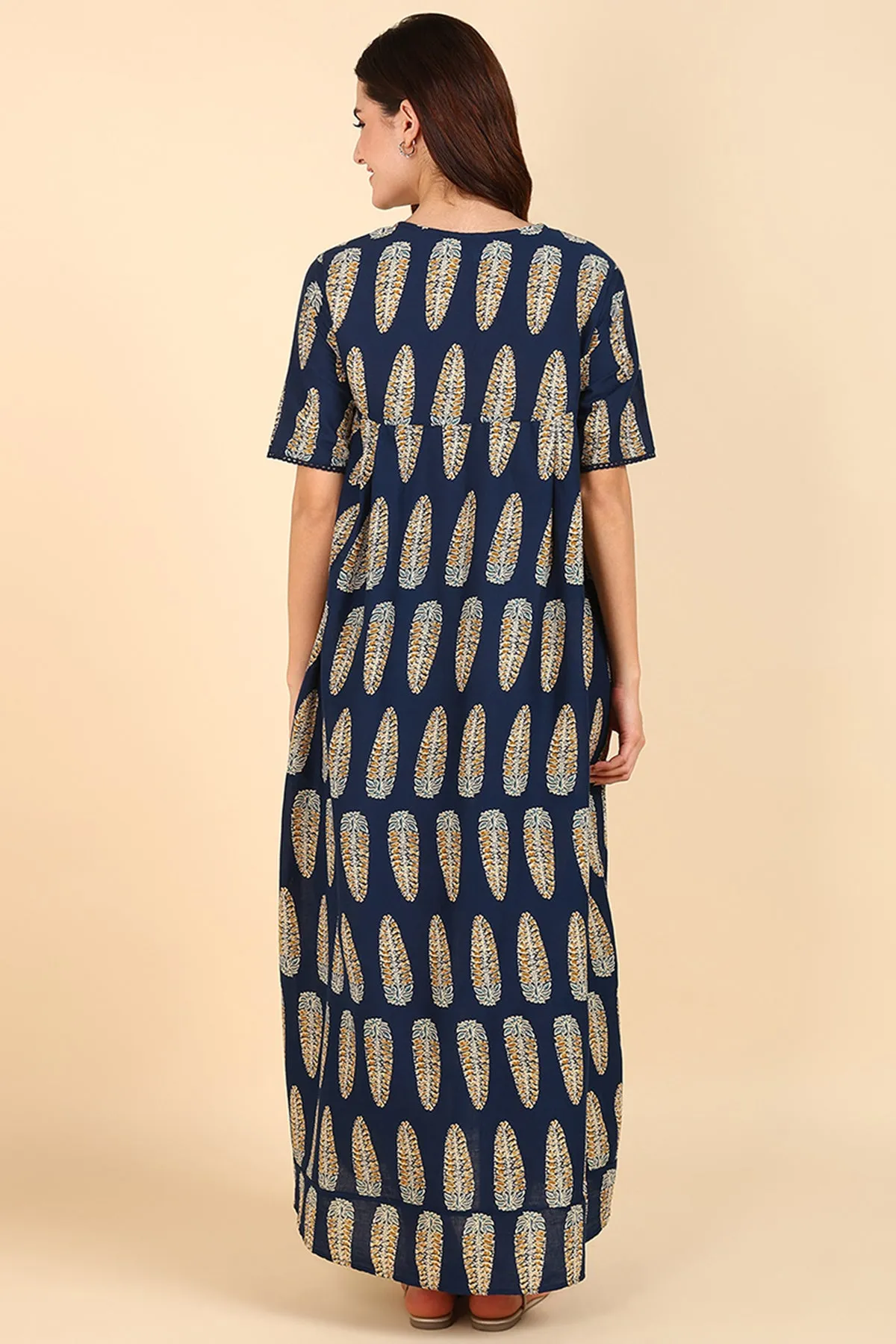 Navy Blue Printed 100% Soft Cotton Zipless Maternity Maxi