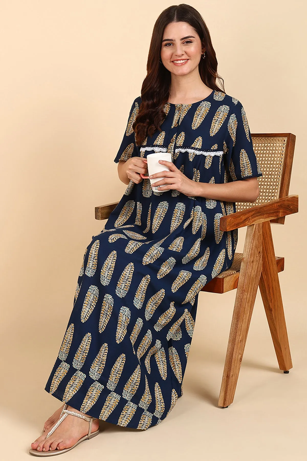 Navy Blue Printed 100% Soft Cotton Zipless Maternity Maxi