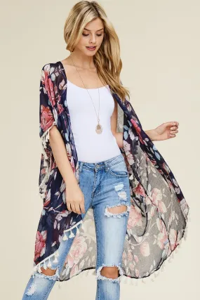 Navy Floral Tassel Kimono