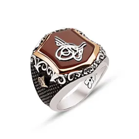 Ottoman Tughra on Red Agate Stone Hexagon Silver Men’s Ring Siding Bush Pattern and Ottoman Tughra