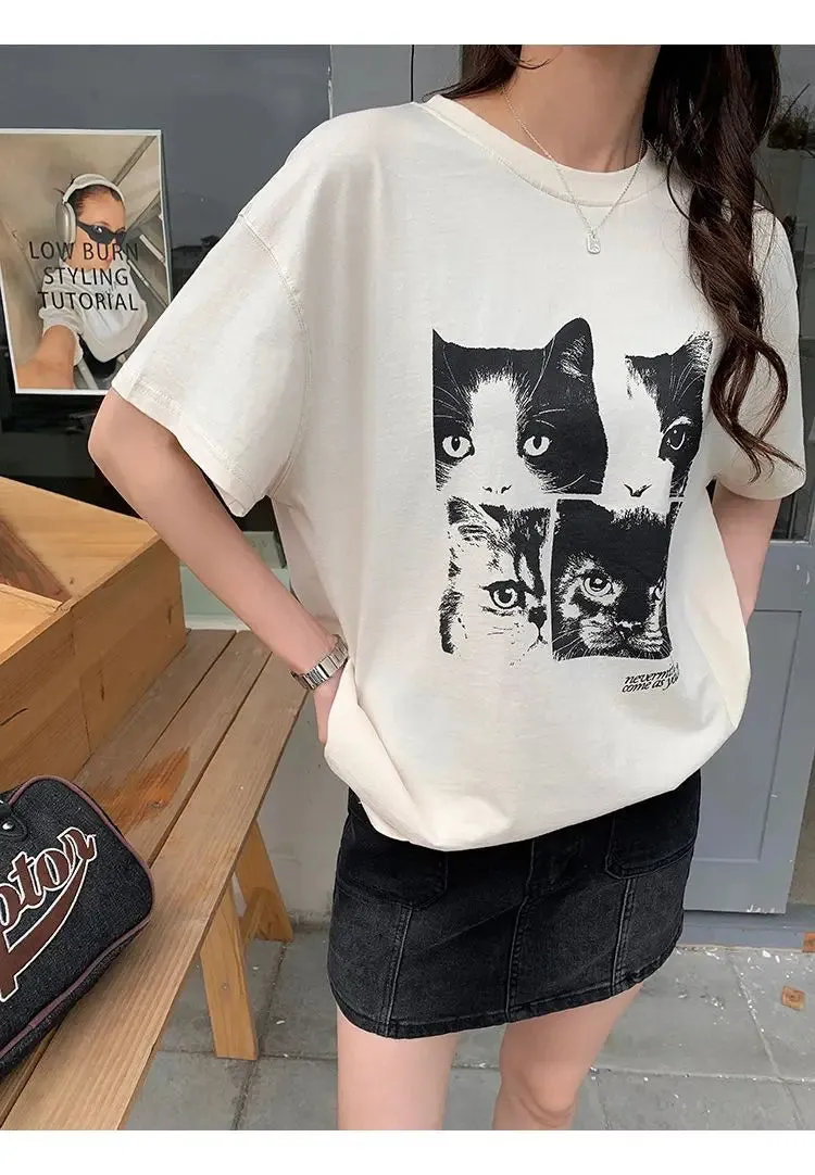 Oversized Cat Print T-Shirt