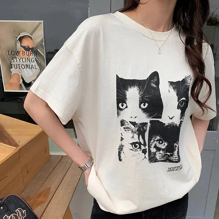 Oversized Cat Print T-Shirt