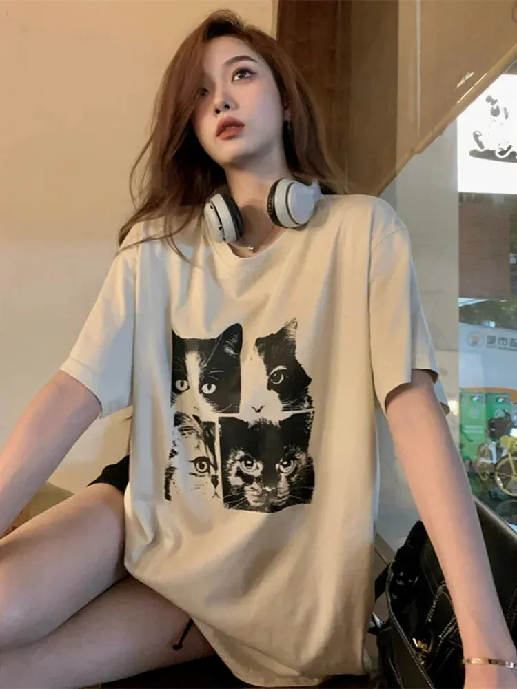 Oversized Cat Print T-Shirt