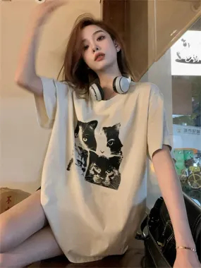 Oversized Cat Print T-Shirt