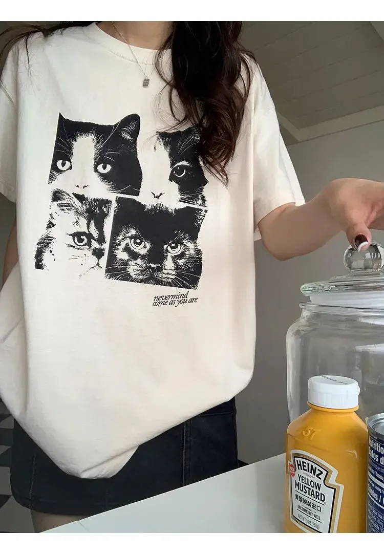 Oversized Cat Print T-Shirt