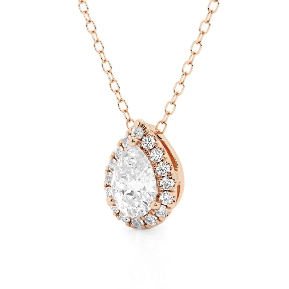 Pear Cut Moissanite Pavé Halo Pendant Necklace