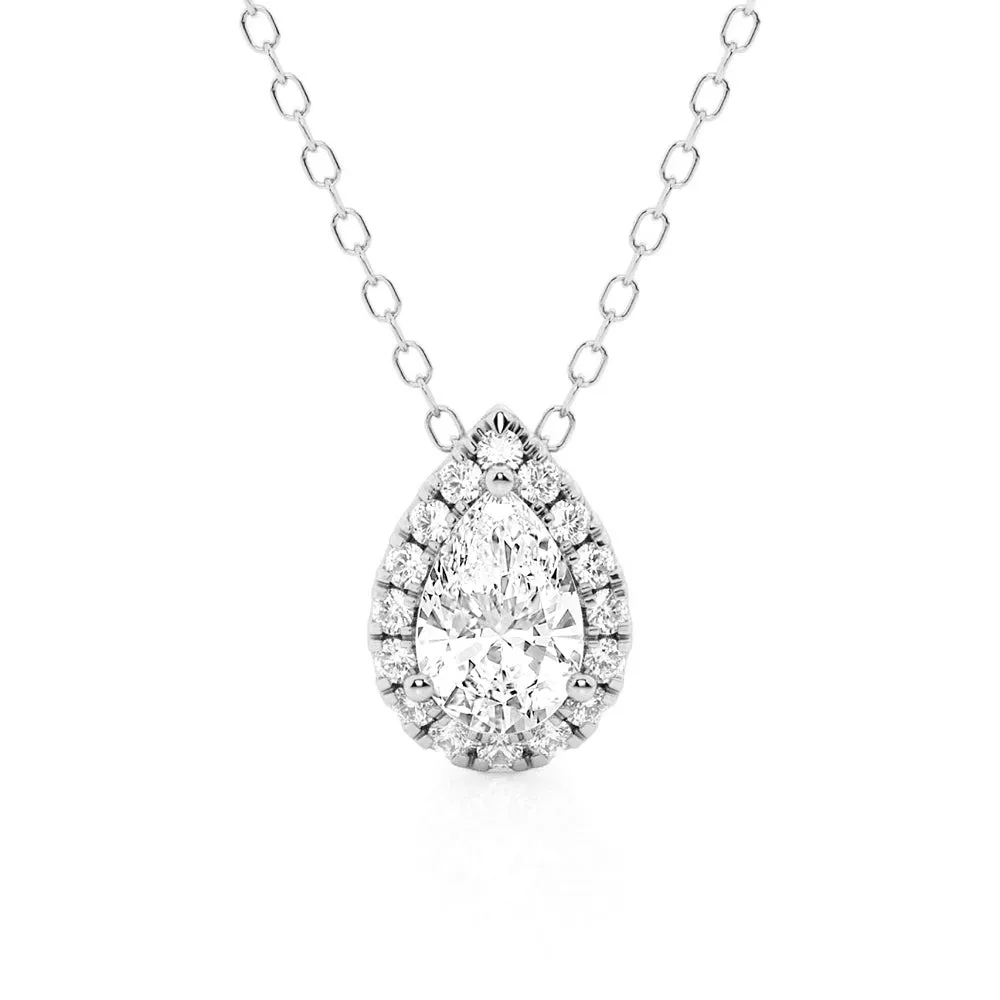 Pear Cut Moissanite Pavé Halo Pendant Necklace