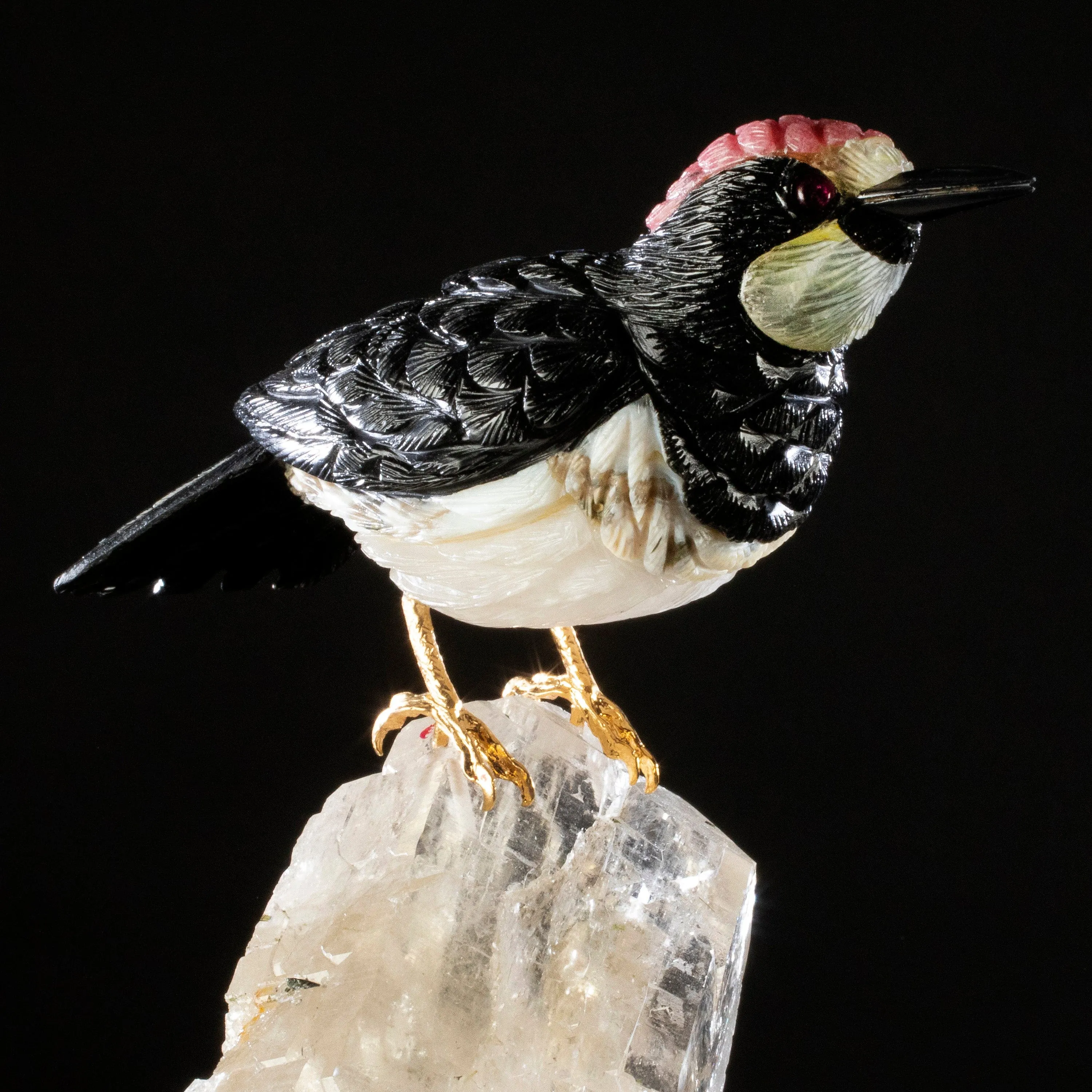 Peter Muller Obsidian, Ocean Jasper, Rhodochrosite, & Yellow Quartz Acorn Woodpecker Love Bird Carving on Quartz Cluster & Tourmaline Base