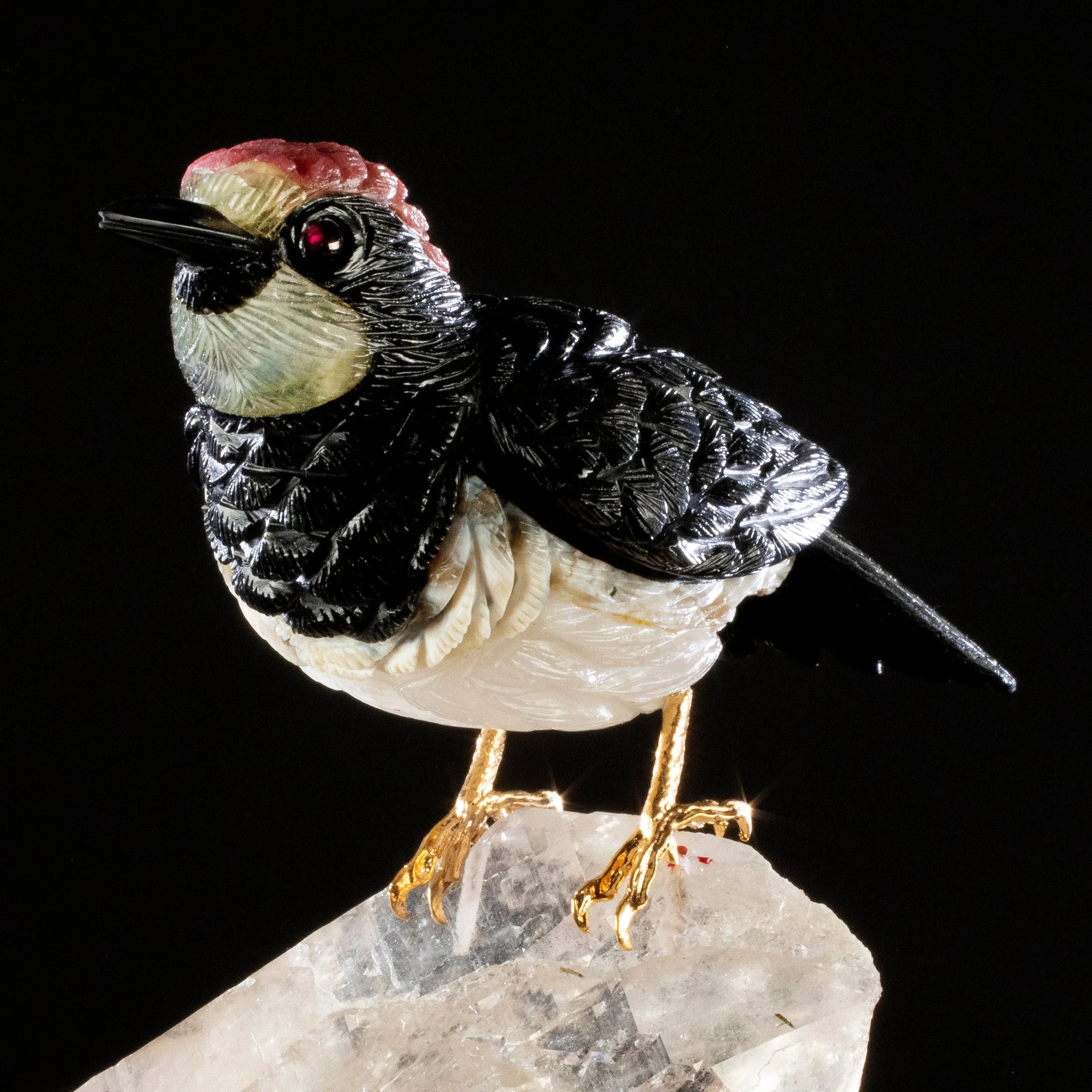 Peter Muller Obsidian, Ocean Jasper, Rhodochrosite, & Yellow Quartz Acorn Woodpecker Love Bird Carving on Quartz Cluster & Tourmaline Base