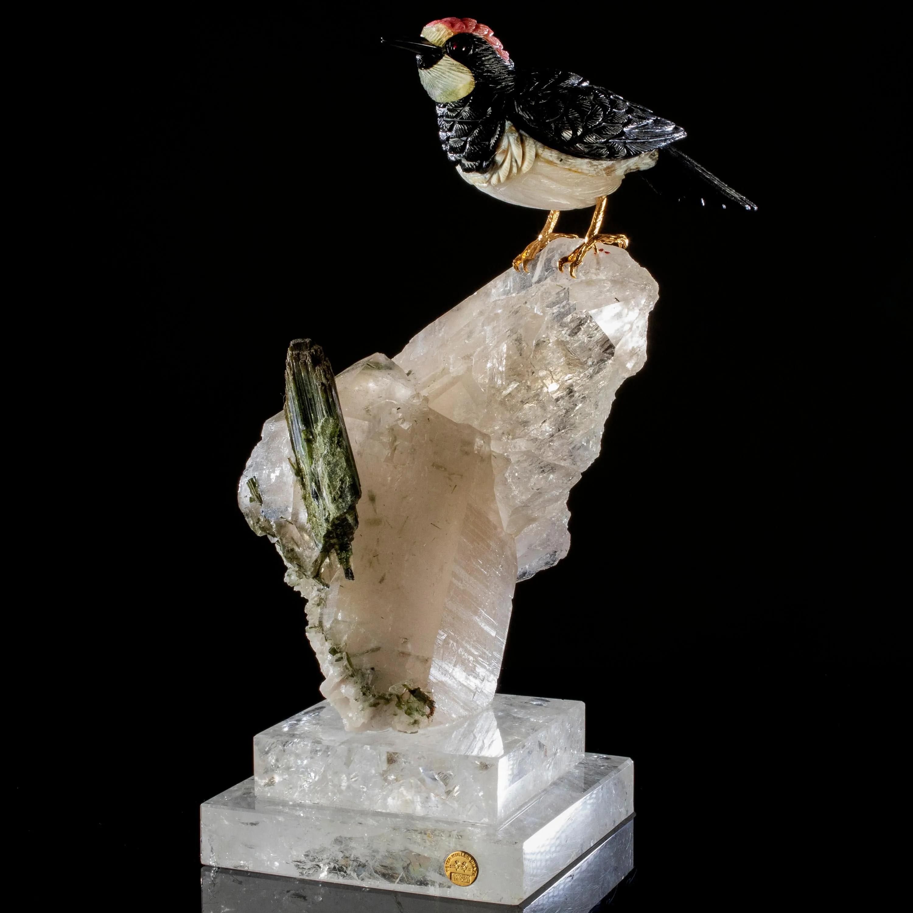 Peter Muller Obsidian, Ocean Jasper, Rhodochrosite, & Yellow Quartz Acorn Woodpecker Love Bird Carving on Quartz Cluster & Tourmaline Base