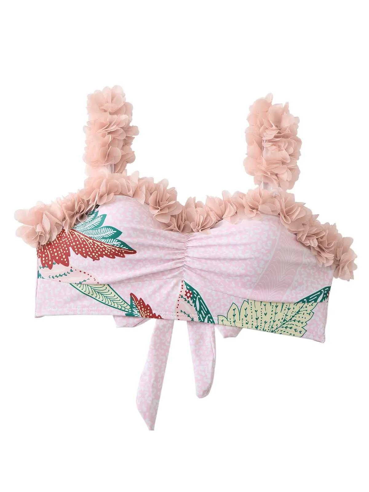 Pink 1950s Spaghetti Strap 3D Floral Swimsuit