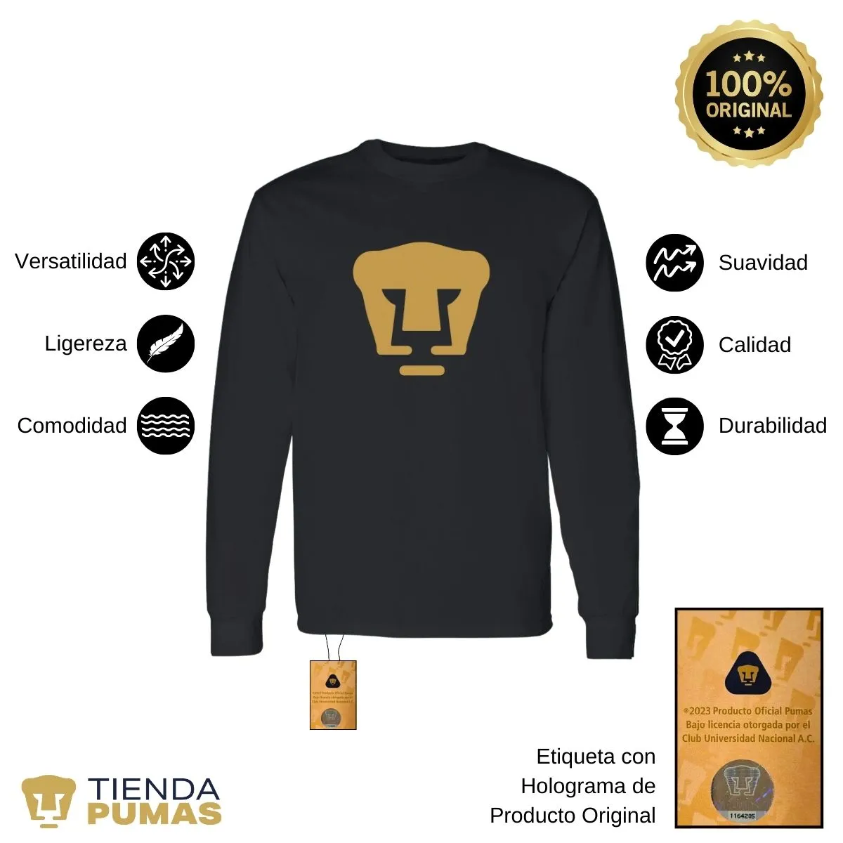 Playera Hombre Pumas Logo Dorado Manga Larga