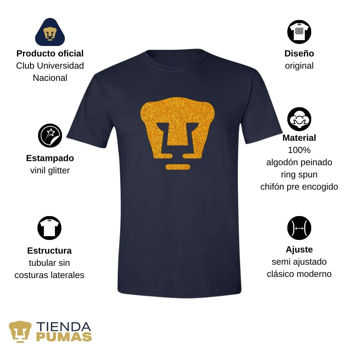 Playera Hombre Pumas UNAM Logo Dorado Glitter